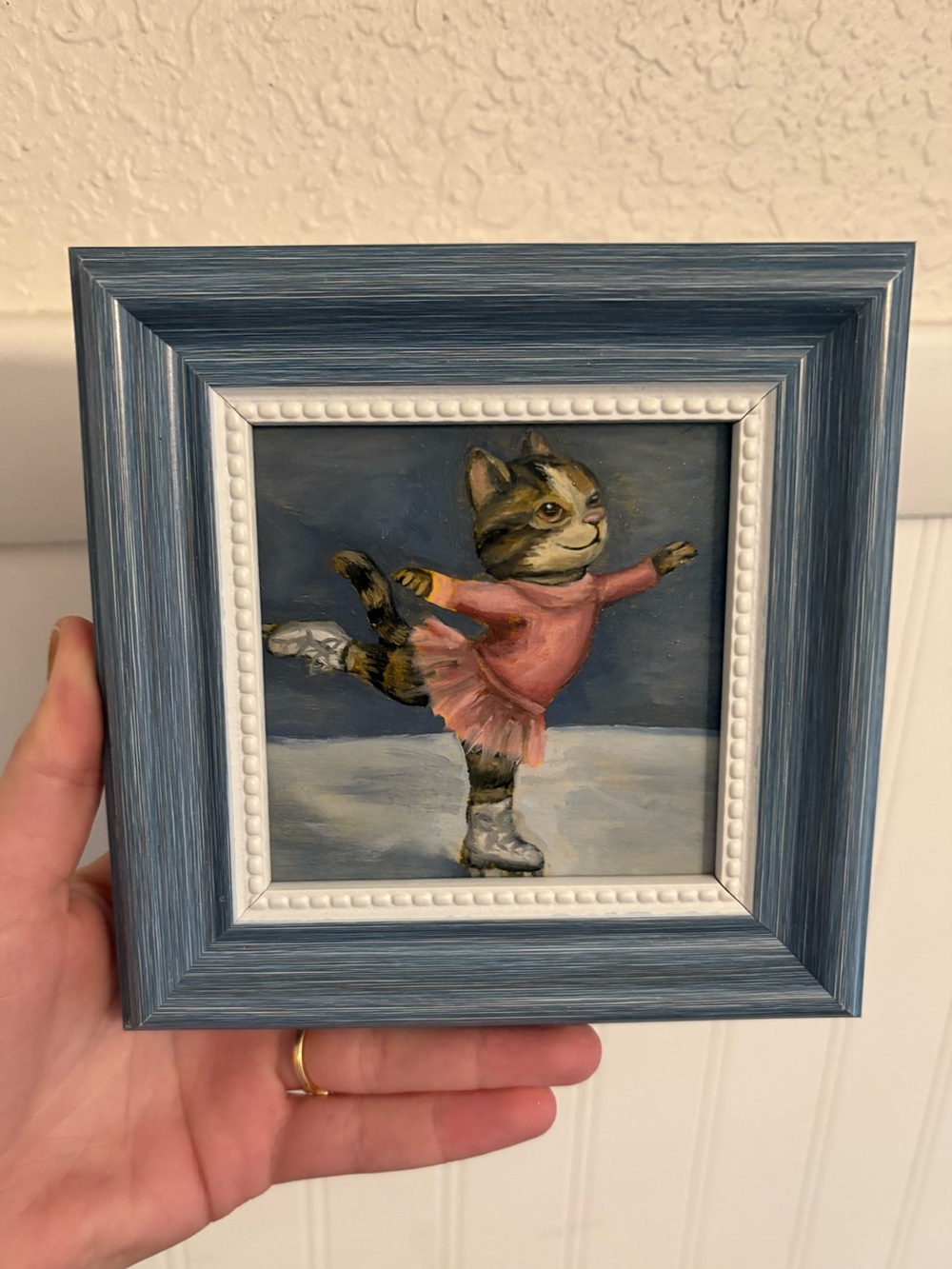 "Ballerina Kitty" Original oil painting on wood board mini framed 4x4"